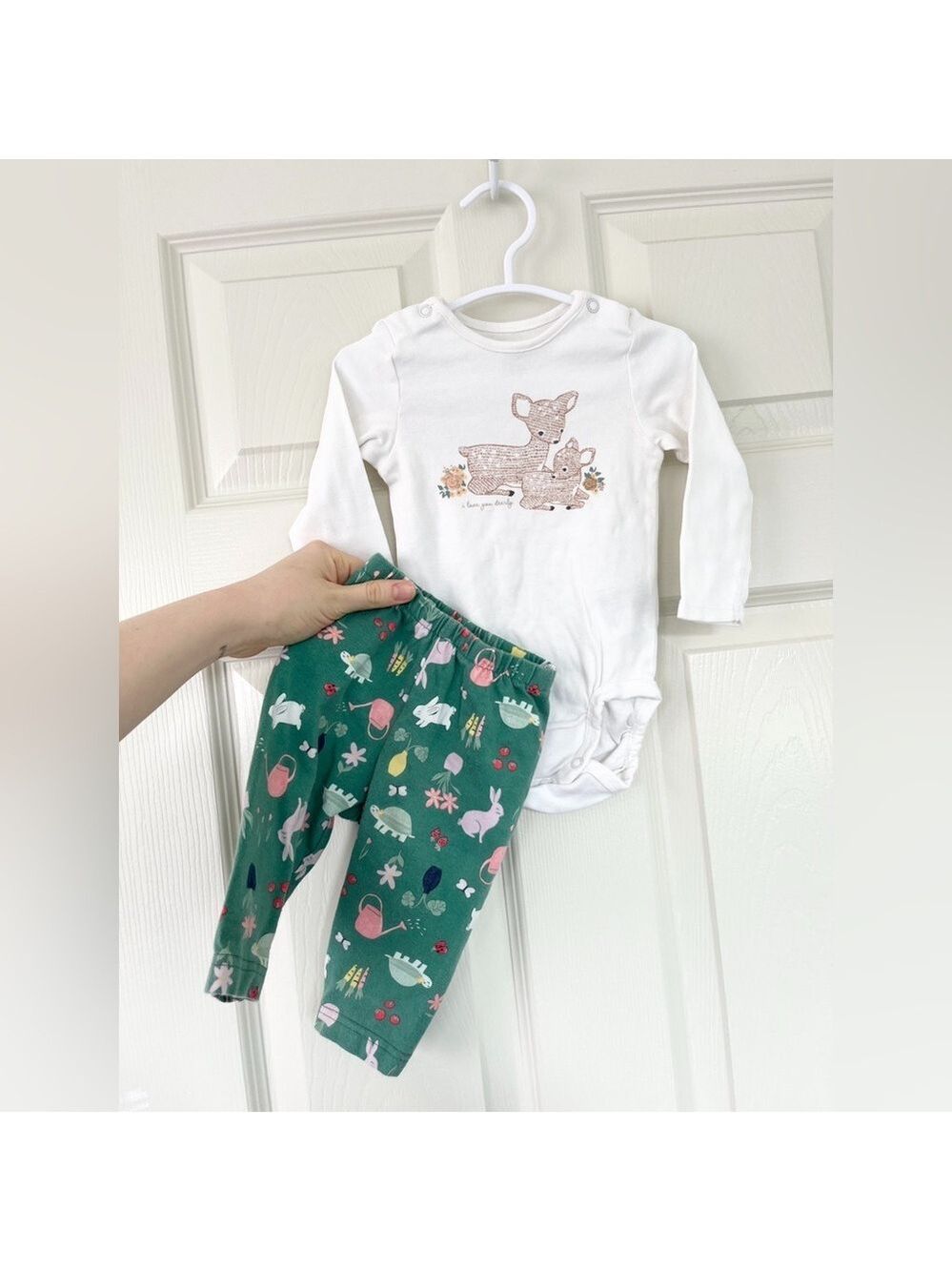🩵 4/$20 H&M Deer Onesie and Green Gardening Patterned Pants Set